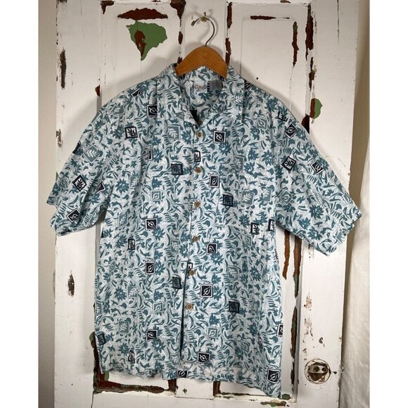 OP Sport Mens Size L Hawaiian Camp Shirt Blue Retro Print Cotton Blue Side Slits - Picture 3 of 10